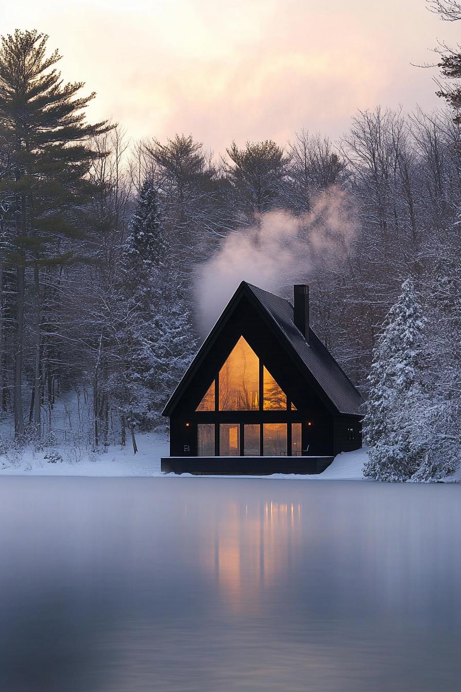 modern black a frame cabin in winter sunset mist above the lake with a golden glow from the sunset surrounding trees covered in white snow