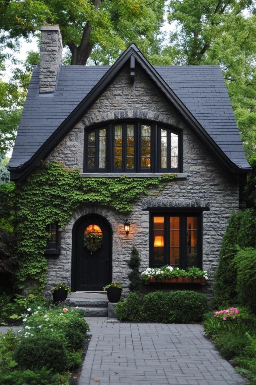 modern cottage with stone brick siding stone grey roof windows with black trim arched entry door wall overgrown with vines paved yard with 1