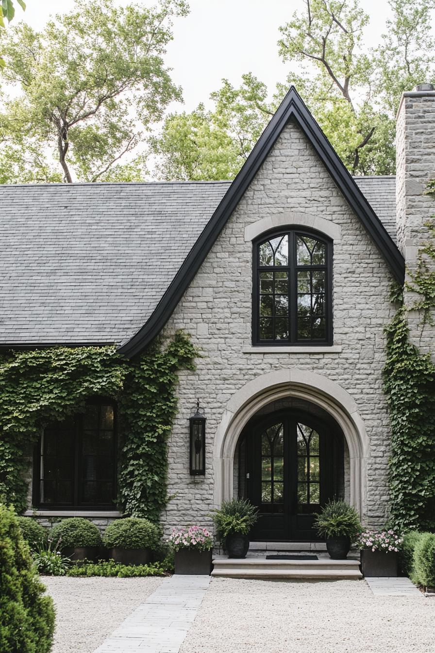 modern cottage with stone brick siding stone grey roof windows with black trim arched entry door wall overgrown with vines paved yard with 2