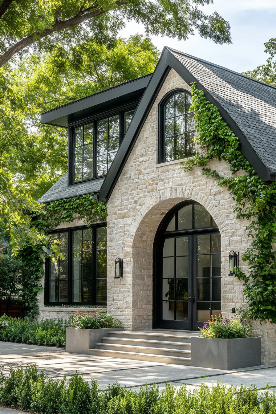 modern cottage with stone brick siding stone grey roof windows with black trim arched entry door wall overgrown with vines paved yard with