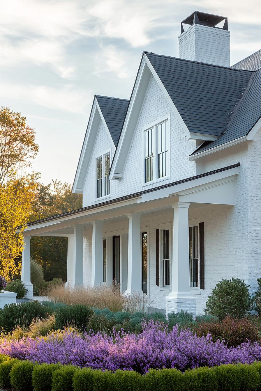 modern cottage with white brick siding multi pitched roof molding trim stone chimney modern white windows with moldings large porch with white 1