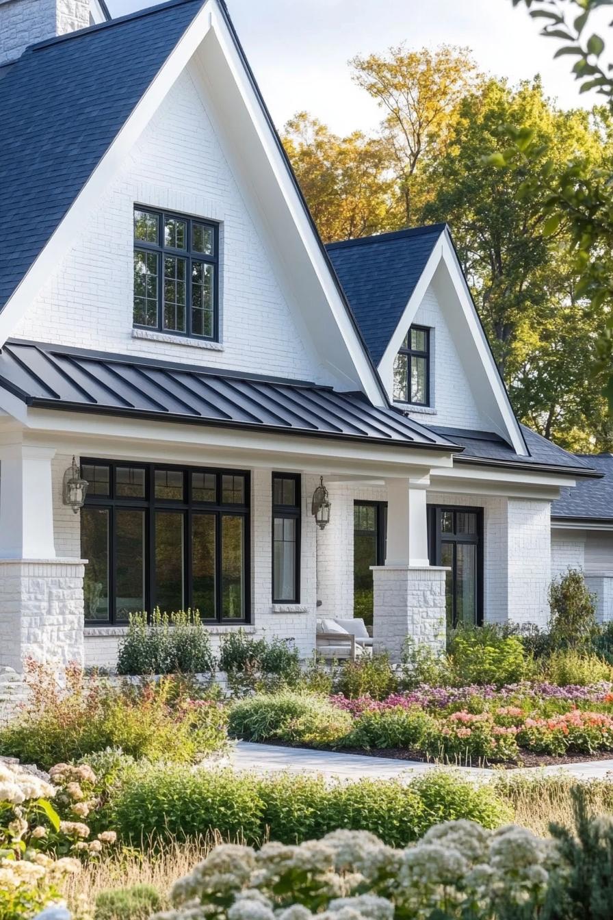 modern cottage with white brick siding multi pitched roof molding trim stone chimney modern white windows with moldings large porch with white