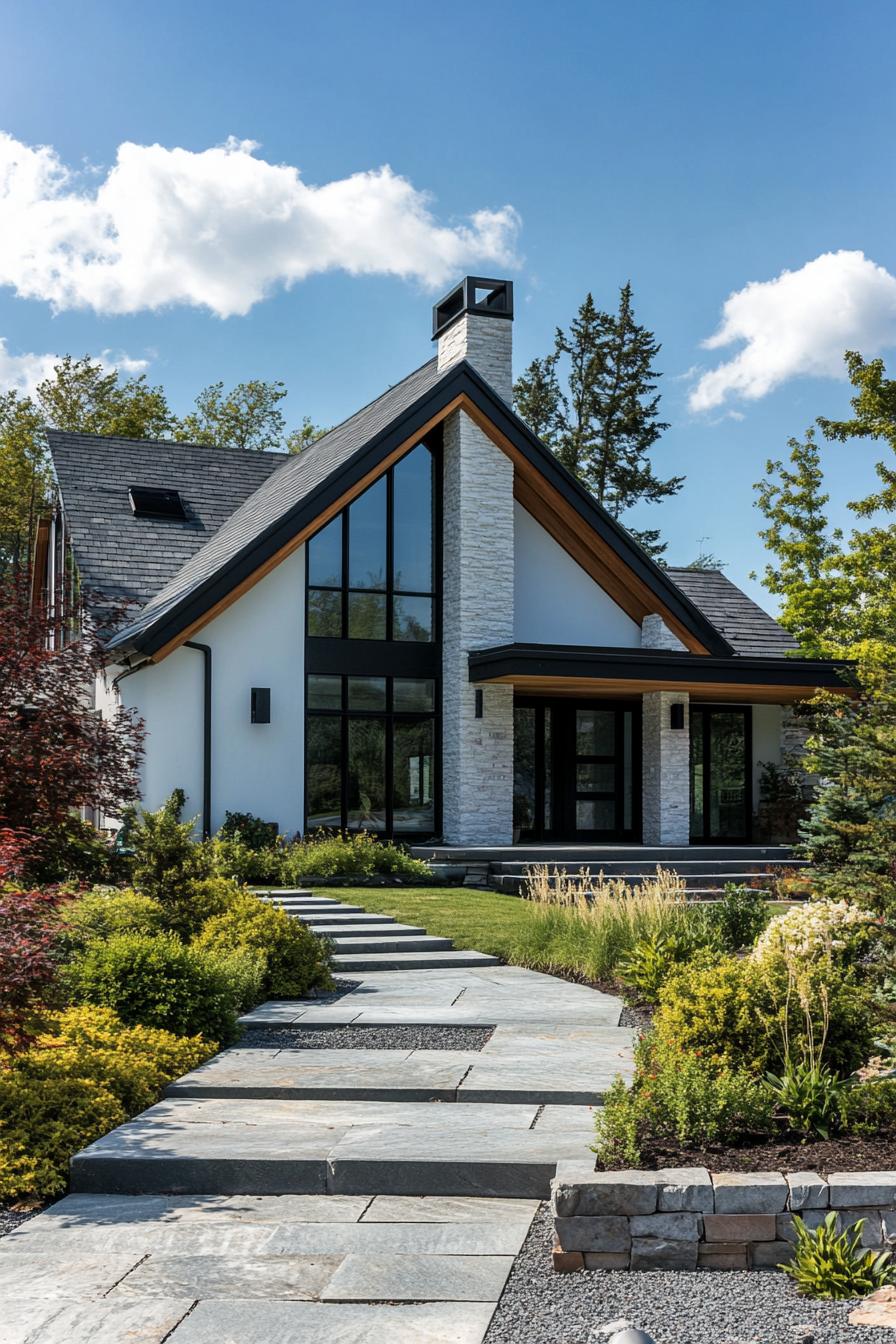 modern european cottage with shite stucco and reclaimed wood siding multi pitched gabled roof chimney modern windows in black trim front yard with 1