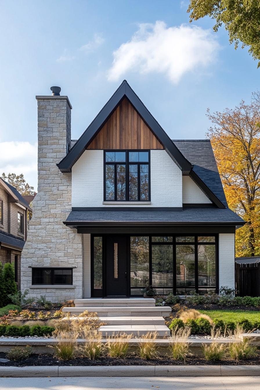 modern european cottage with shite stucco and reclaimed wood siding multi pitched gabled roof chimney modern windows in black trim front yard with 2