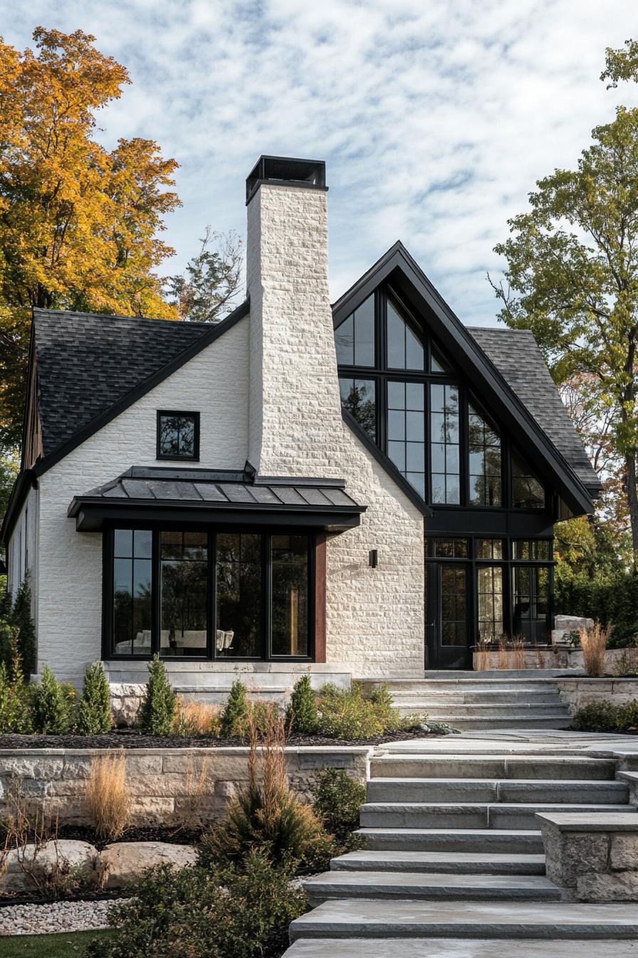 modern european cottage with shite stucco and reclaimed wood siding multi pitched gabled roof chimney modern windows in black trim front yard with