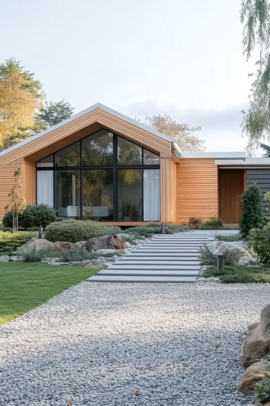 Wooden house with large windows and a stone path