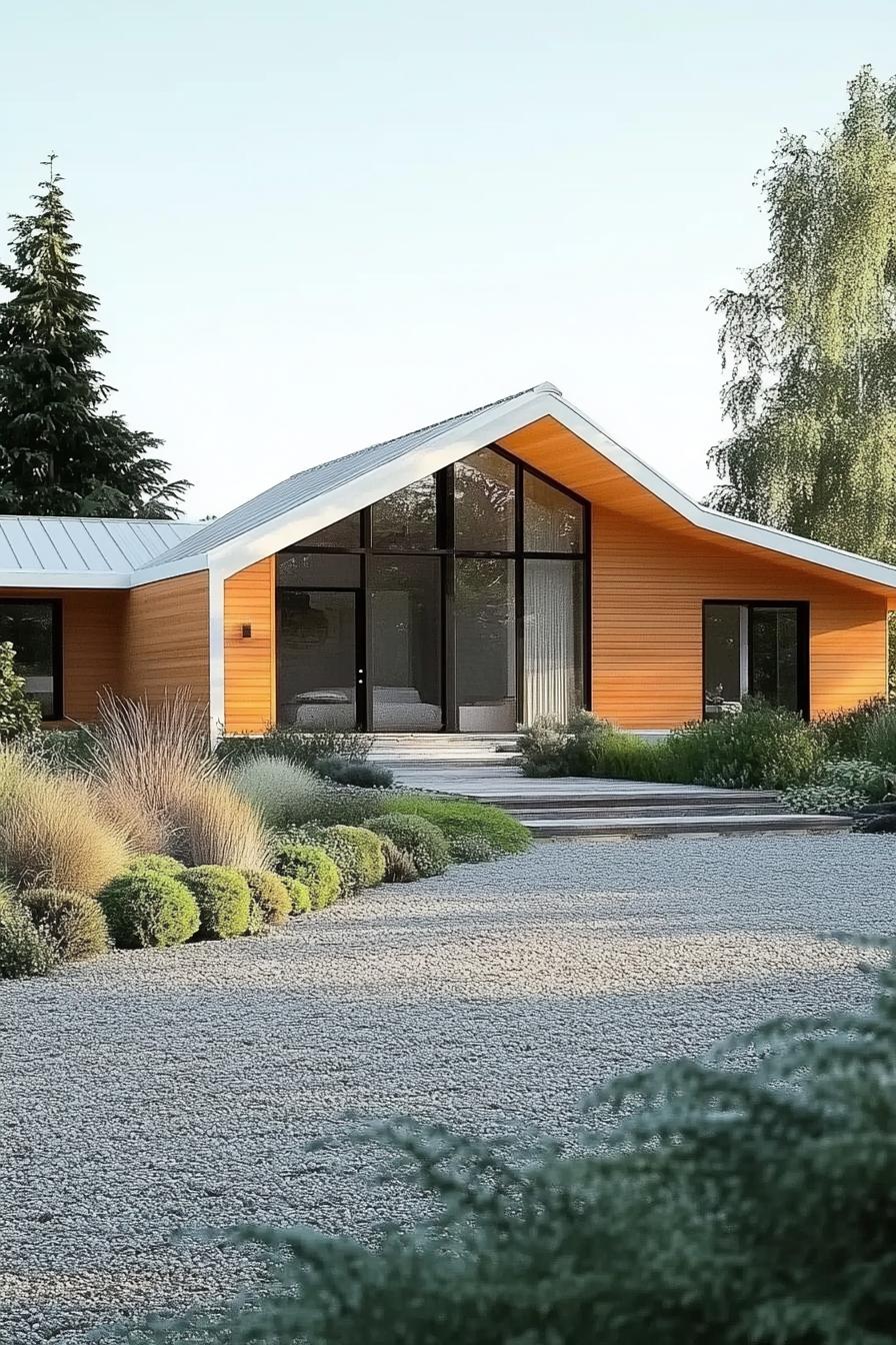 Contemporary A-frame with vibrant orange exterior and lush garden