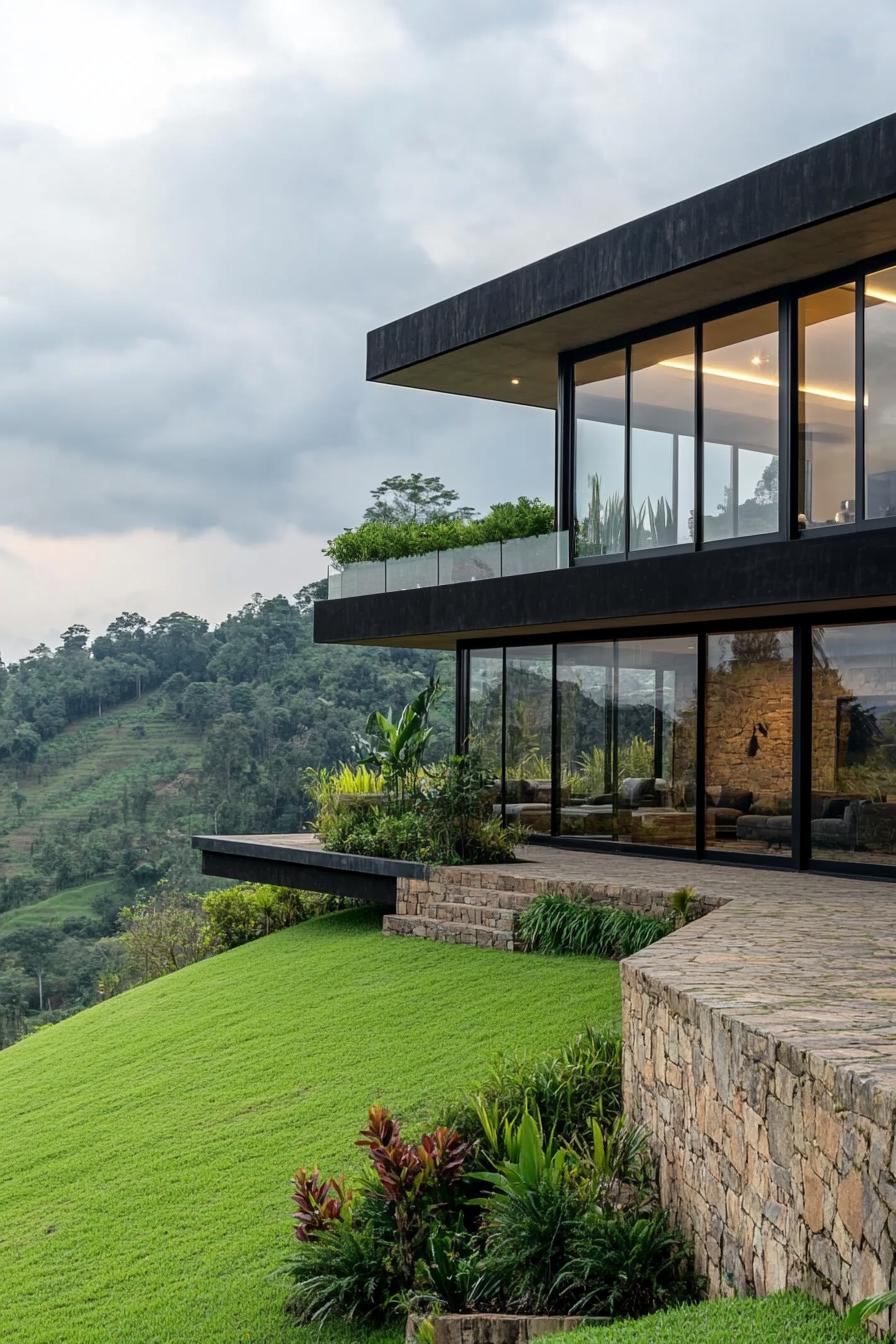 modern house on slopes of a green hill reinforced with stone terraces glass railings v 6.1