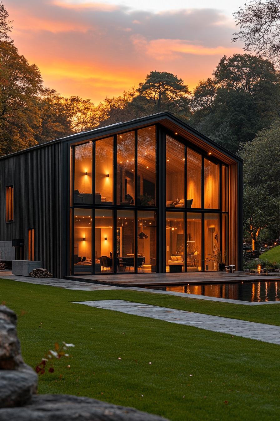 Modern barn house with expansive glass facade at sunset