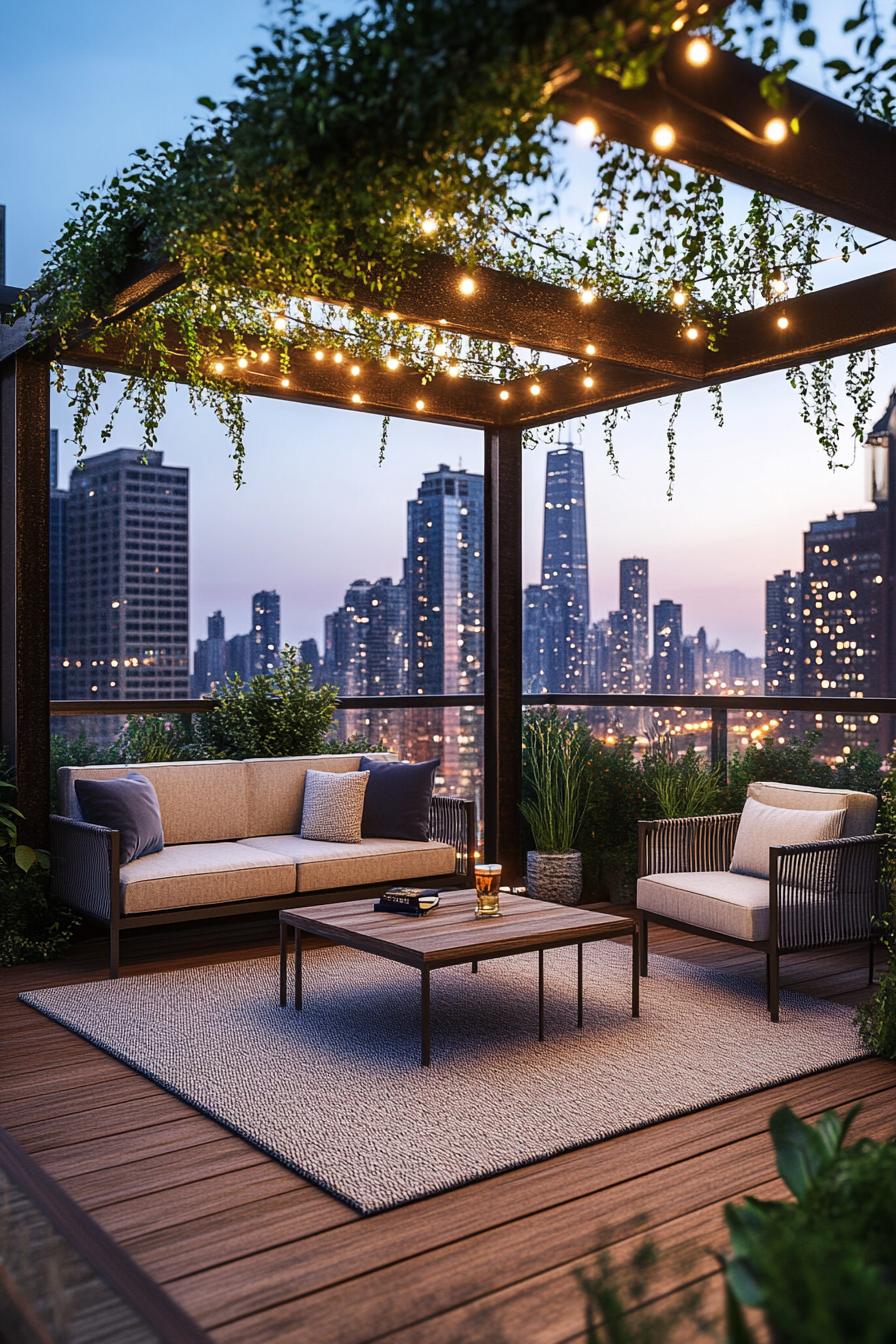 modern rooftop terrace with modern furniture metal frame bars with hanging string lights and vines wood deck with area rug center coffee table 1