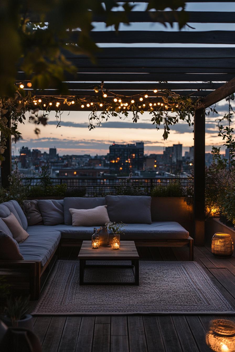 modern rooftop terrace with modern furniture metal frame bars with hanging string lights and vines wood deck with area rug center coffee table