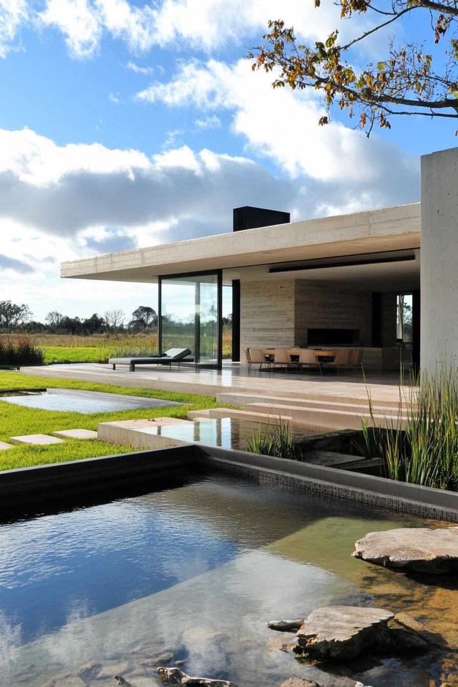 modern single story house with large patio flat sectional roof uneven terrain with grass small pool outside of the porch in foreground