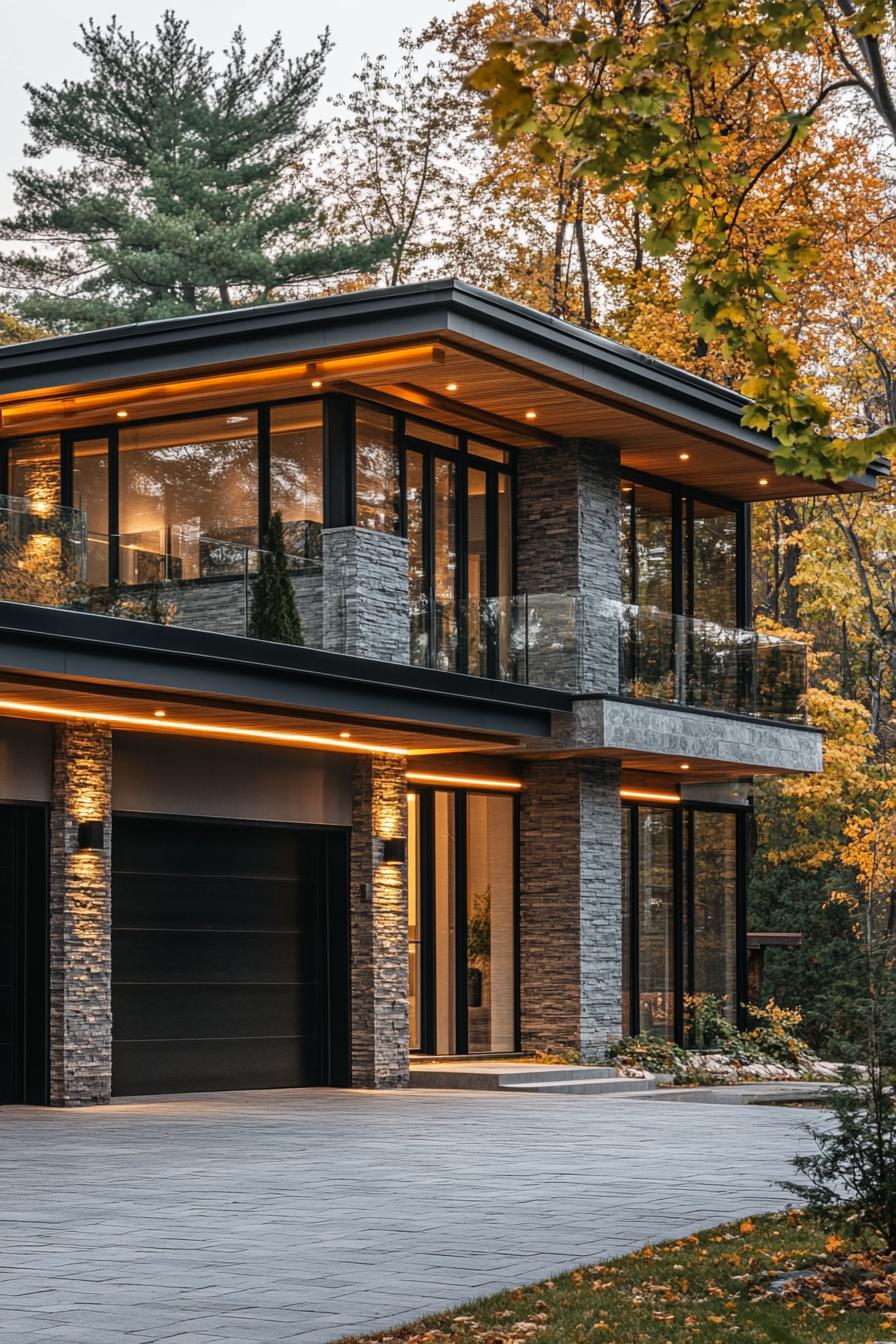 modern villa design with grey granite siding eaves with wooden siding and LED trim tall glass atrium at the front tall black front door paved 1