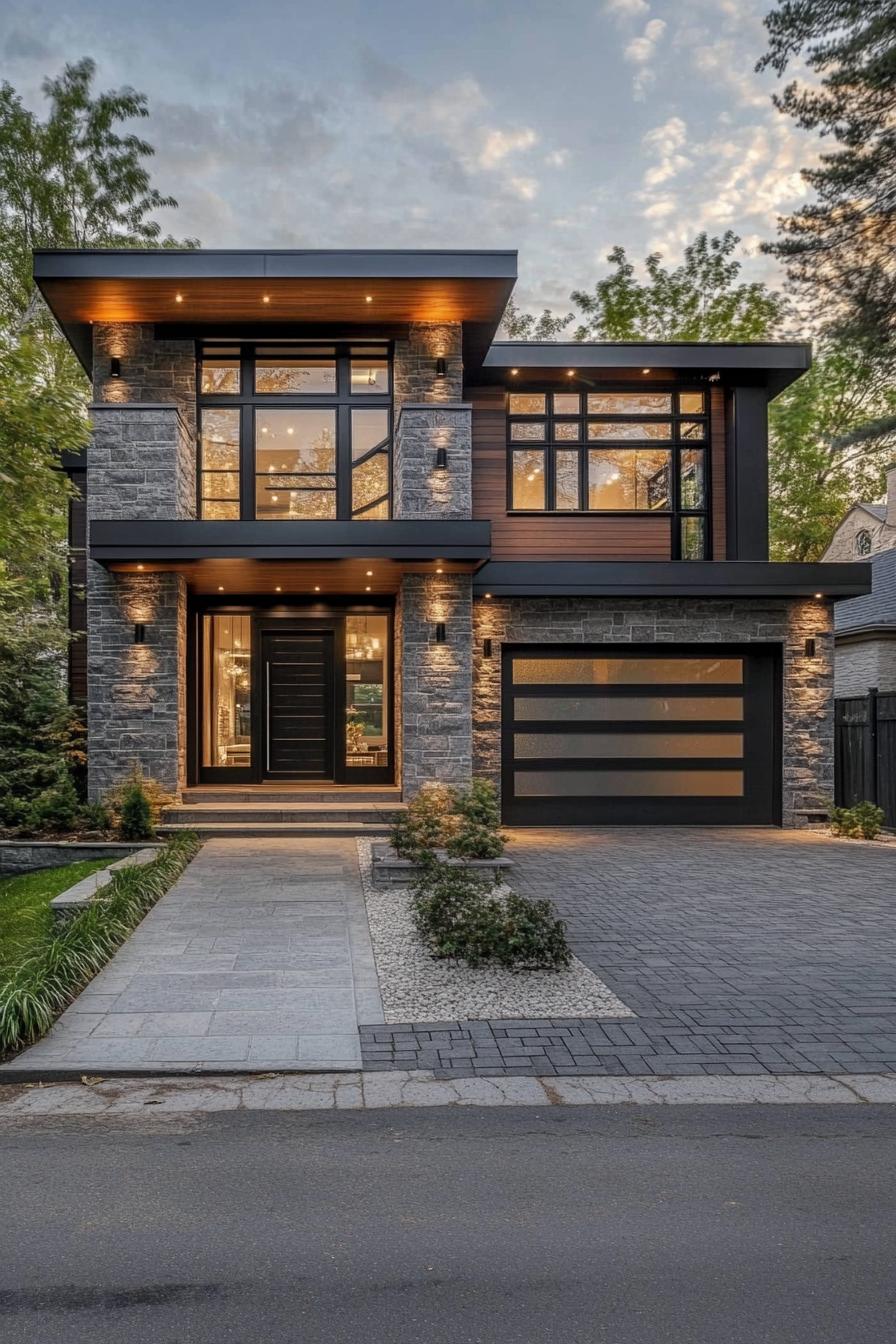 modern villa design with grey granite siding eaves with wooden siding and LED trim tall glass atrium at the front tall black front door paved 2