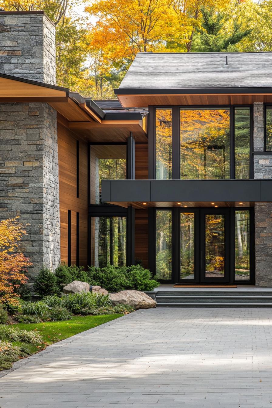 modern villa design with grey granite siding eaves with wooden siding and LED trim tall glass atrium at the front tall black front door paved 3