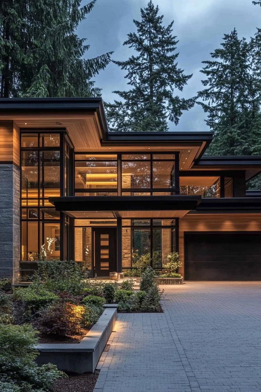 modern villa design with grey granite siding eaves with wooden siding and LED trim tall glass atrium at the front tall black front door paved