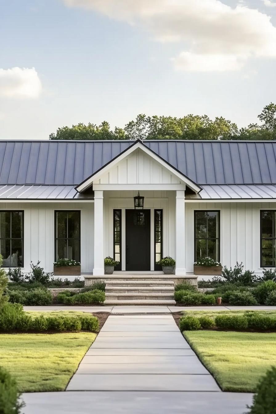 One-story home with a black metal roof and white siding