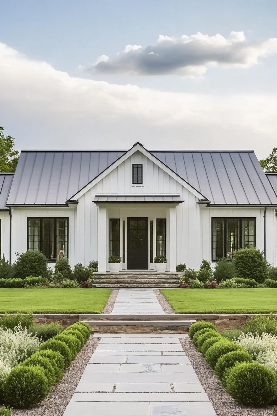 Sleek white house with a gray roof and manicured lawn