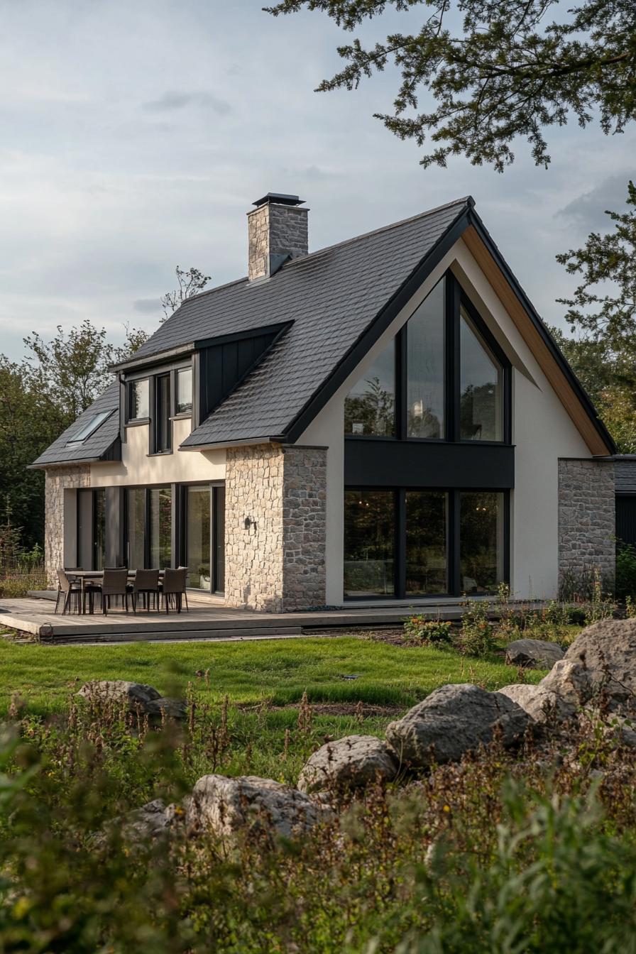 single village house with gabled roof and stone facade modern windows large porch farmland with trees landscape