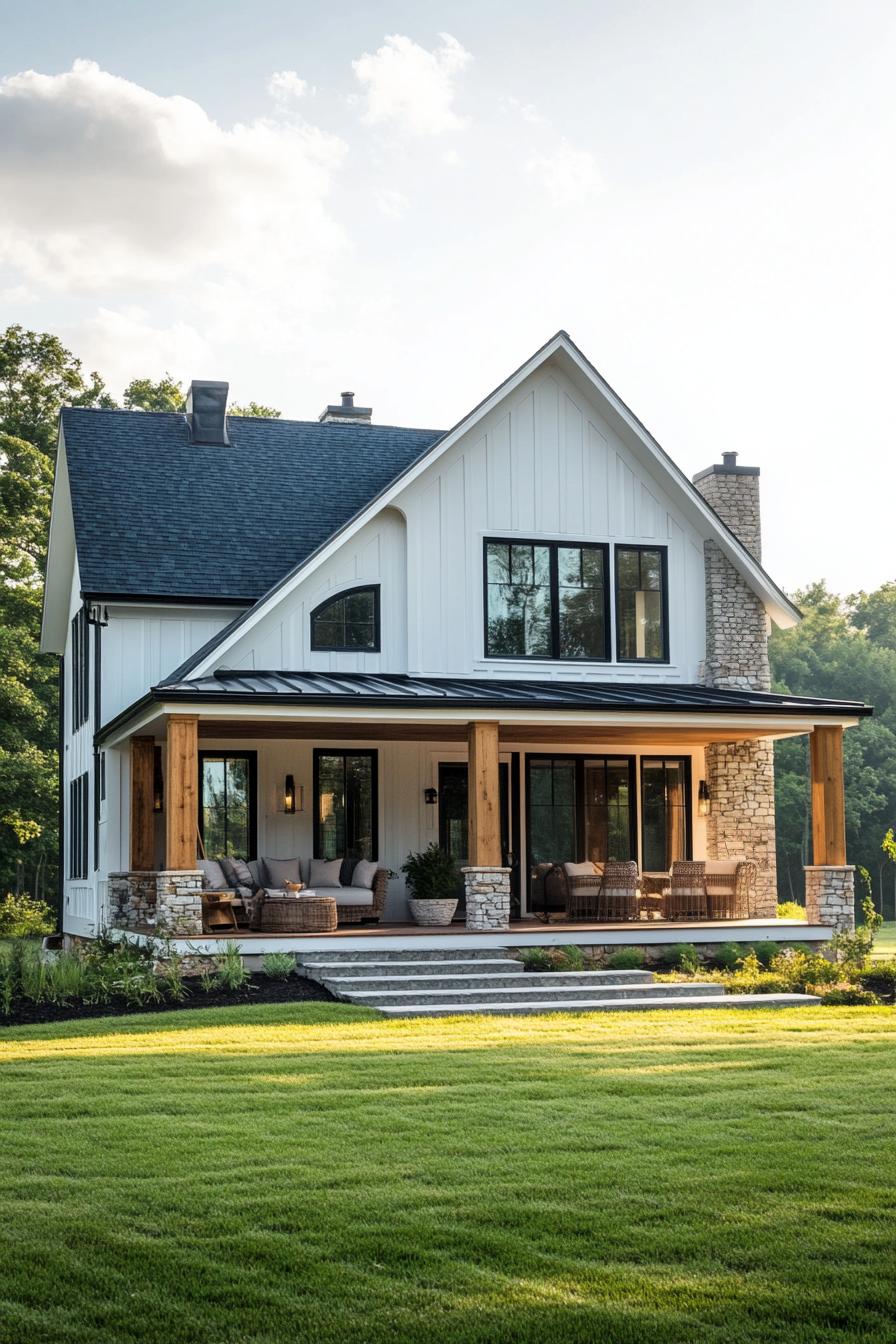 village house with gabled roof and stone facade modern windows large porch farmland with trees landscape 