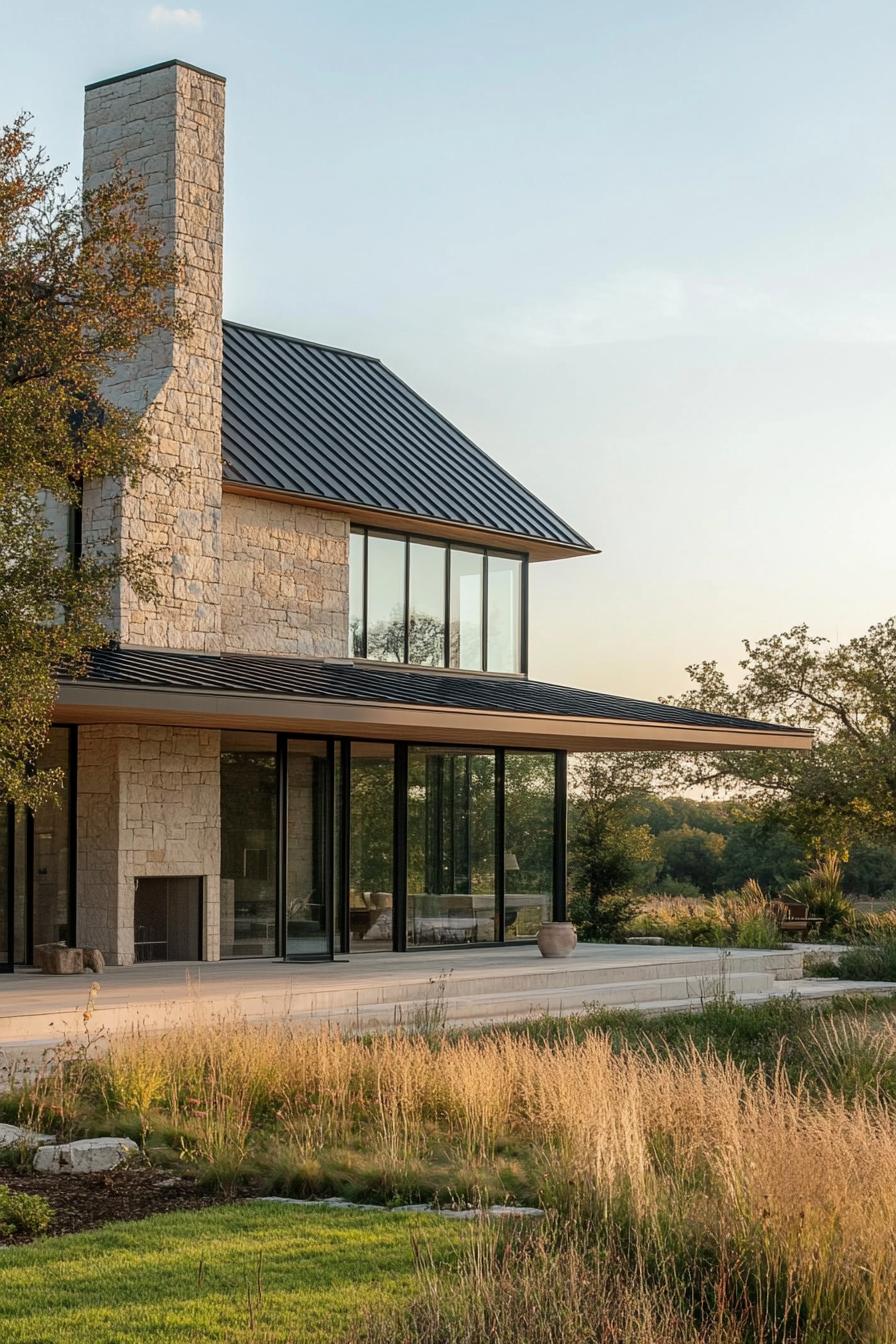 village house with gabled roof and stone facade modern windows large porch farmland with trees landscape 