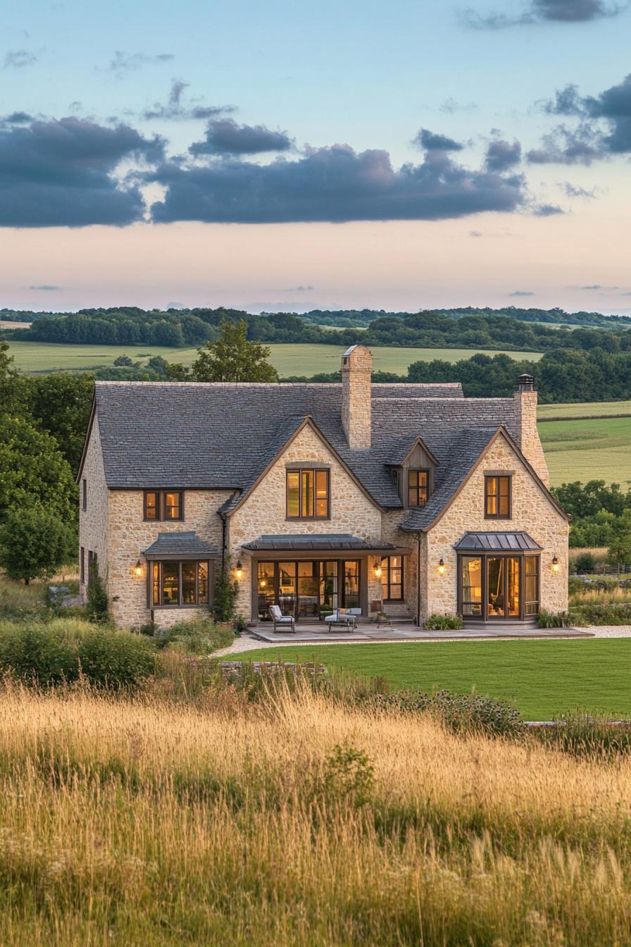 village house with gabled roof and stone facade modern windows large porch farmland with trees landscape