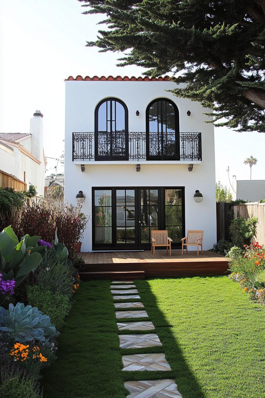 small modern white spanish house with arched modern windows balcony with iron railings and ornate braces small wooden deck under the balcony wooden