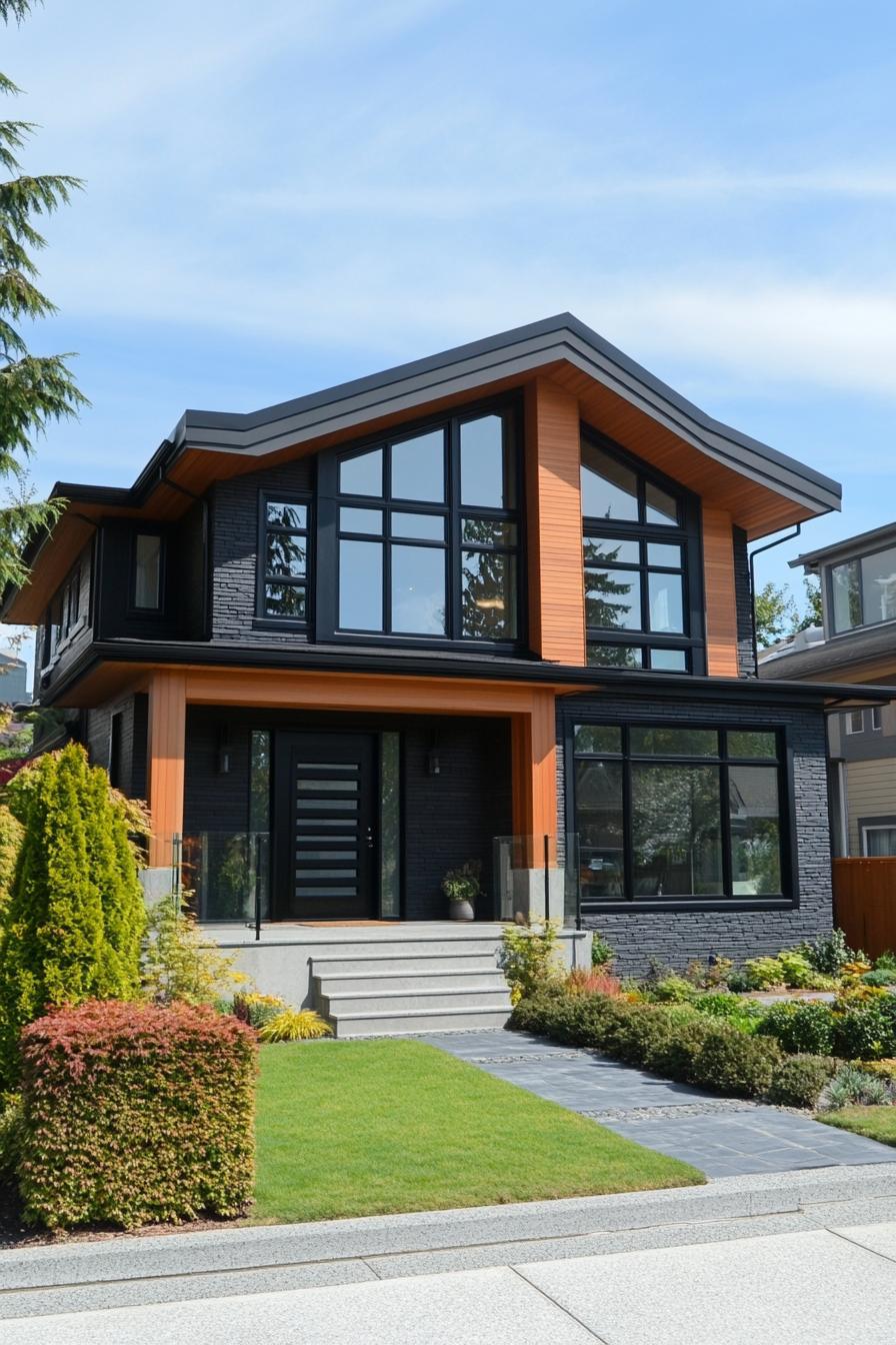 timber clad modern house with gable roof bungalow style large black modern windows suburban front yard with shrubs 2