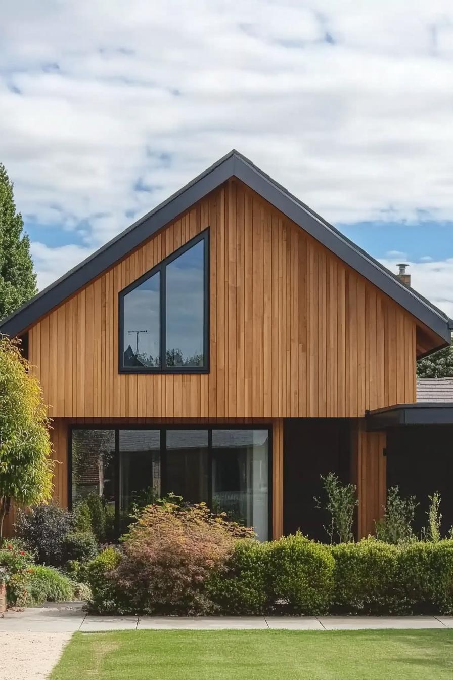 timber clad modern house with gable roof bungalow style large black modern windows suburban front yard with shrubs 3