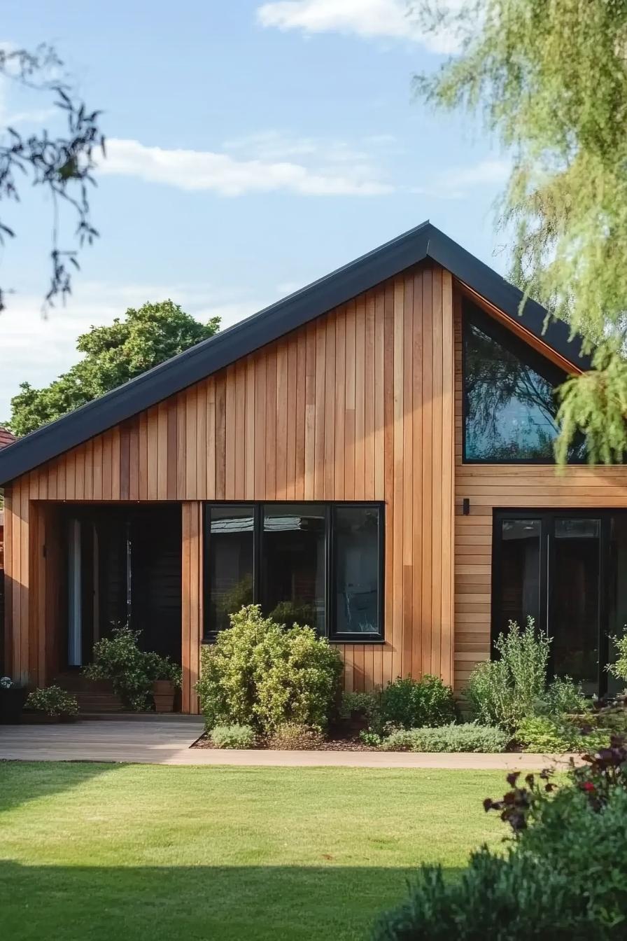 timber clad modern house with gable roof bungalow style large black modern windows suburban front yard with shrubs 4