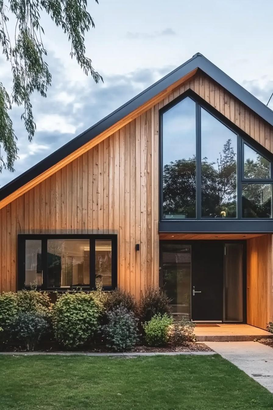 timber clad modern house with gable roof bungalow style large black modern windows suburban front yard with shrubs 5