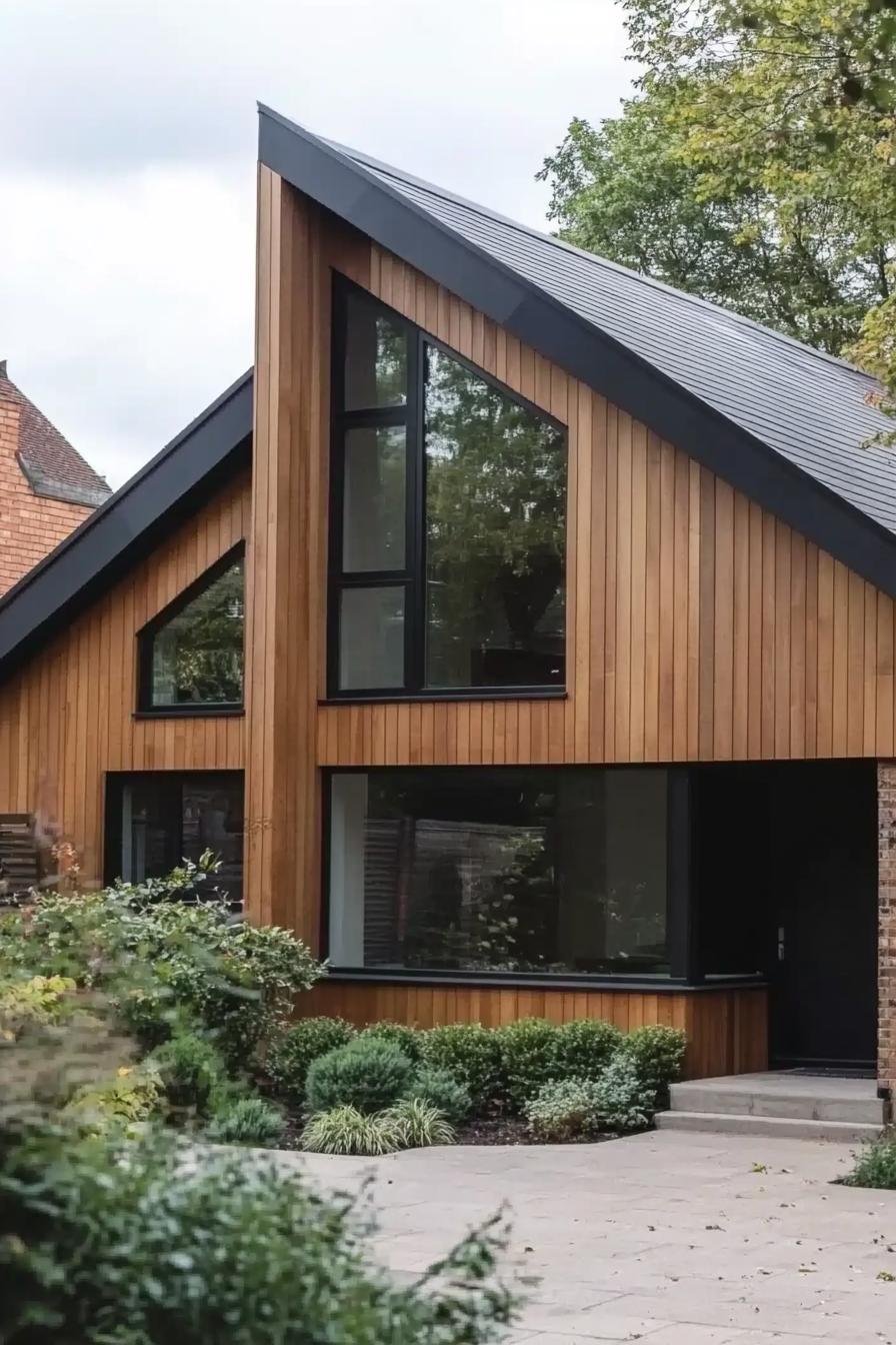 timber clad modern house with gable roof bungalow style large black modern windows suburban front yard with shrubs 6