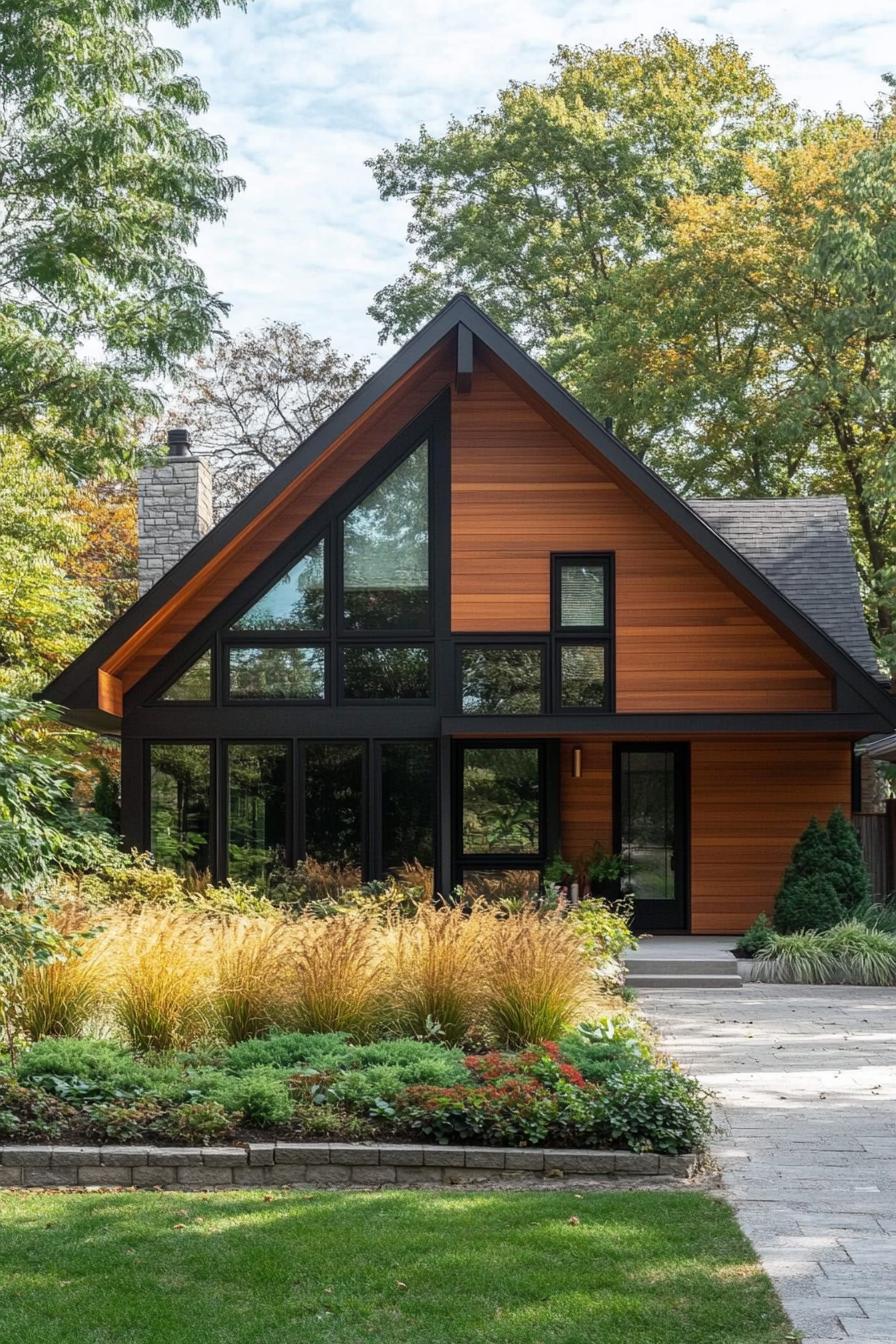 timber clad modern house with gable roof bungalow style large black modern windows suburban front yard with shrubs