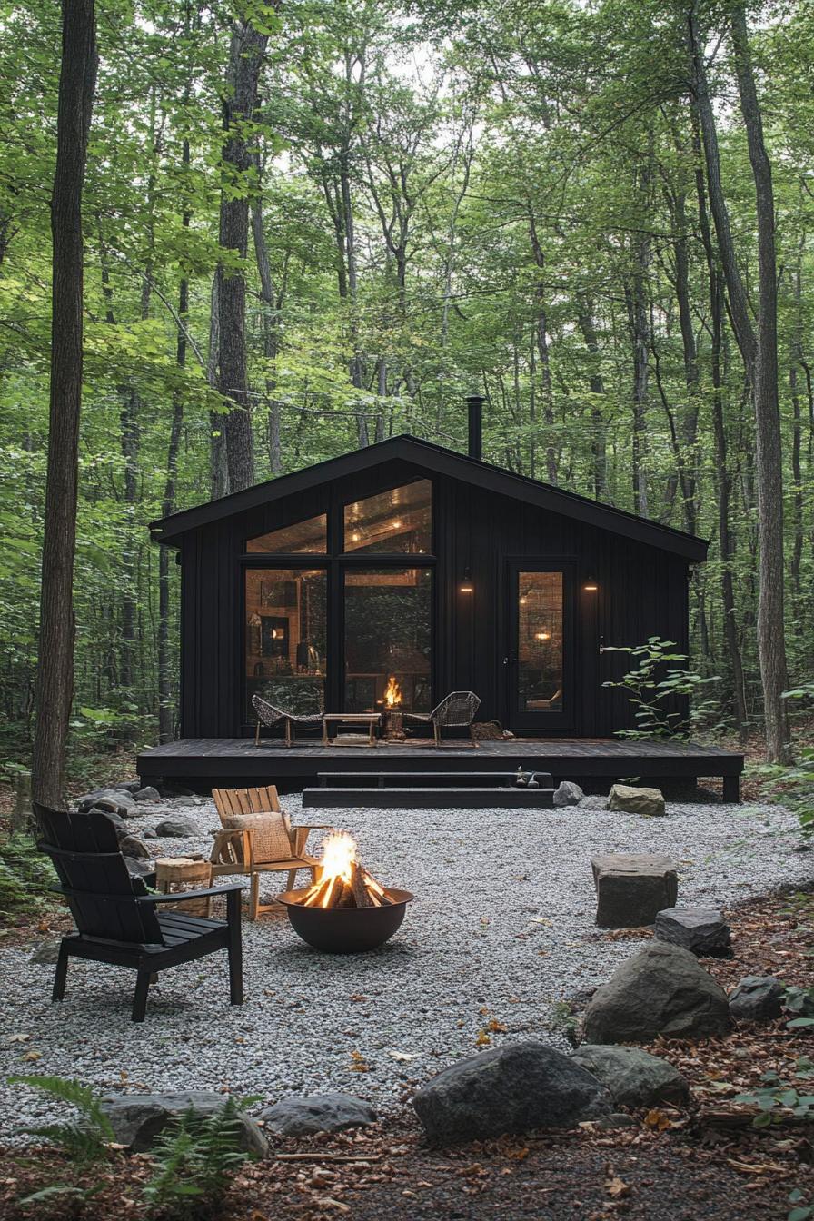 Stylish black cabin nestled among trees with a gravel yard and fire pit