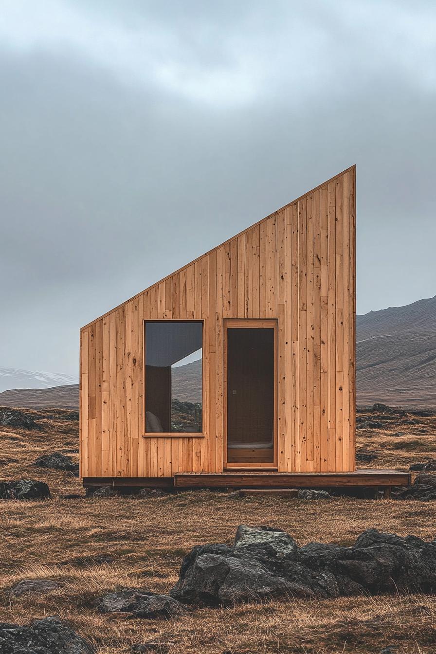 Modern wooden cabin with slanted roof in a rocky landscape