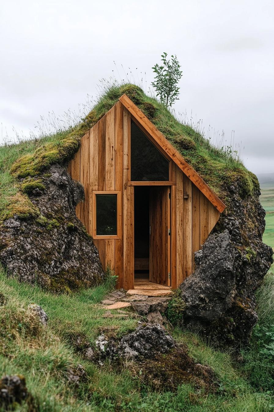 Cozy cabin nestled amid rocks and grass