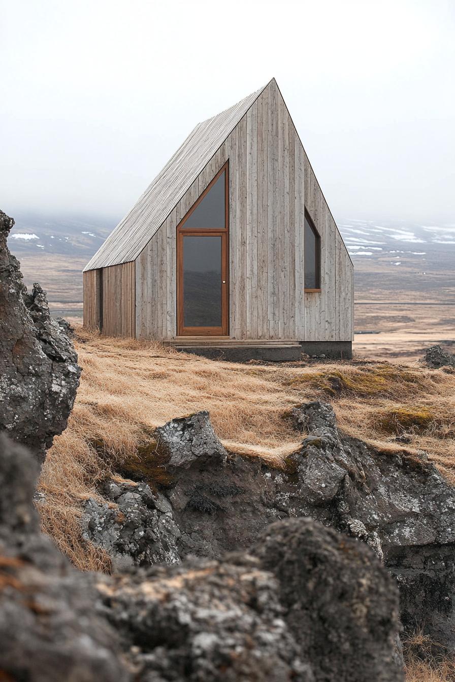 Small triangular cabin on a rocky hillside