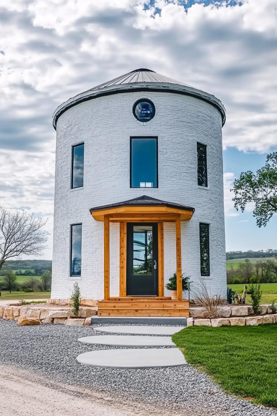 white grain silo converted into a home with modern windows front porch construction of wooden posts and beams on stone foundations porch roof with