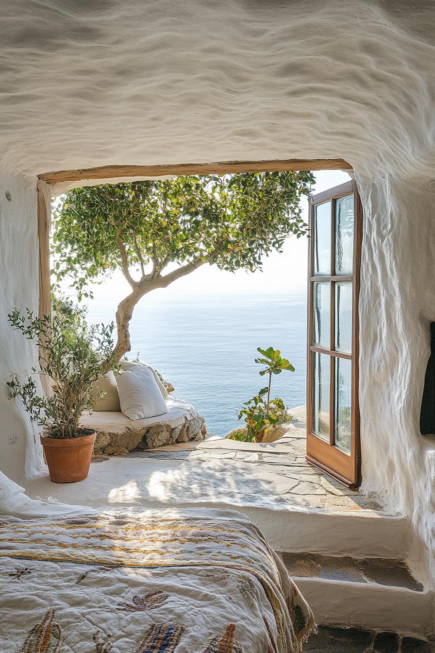 whitewashed cliff cob house bedroom with potted tree steps extensive glass windows overlooking stuning ocean views 1