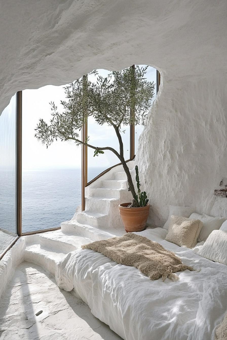 whitewashed cliff cob house bedroom with potted tree steps extensive glass windows overlooking stuning ocean views