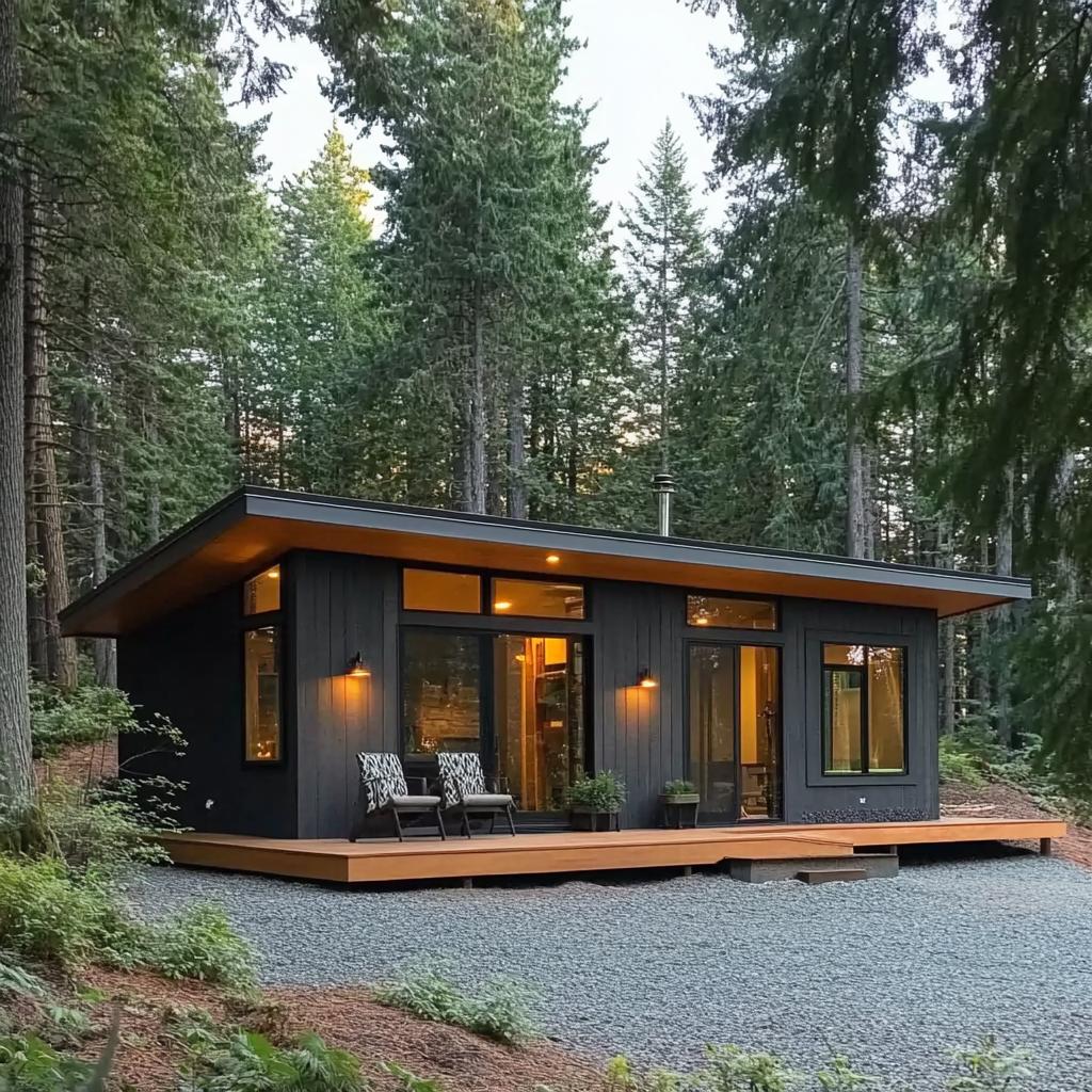 Cozy cabin with large windows surrounded by dense forest