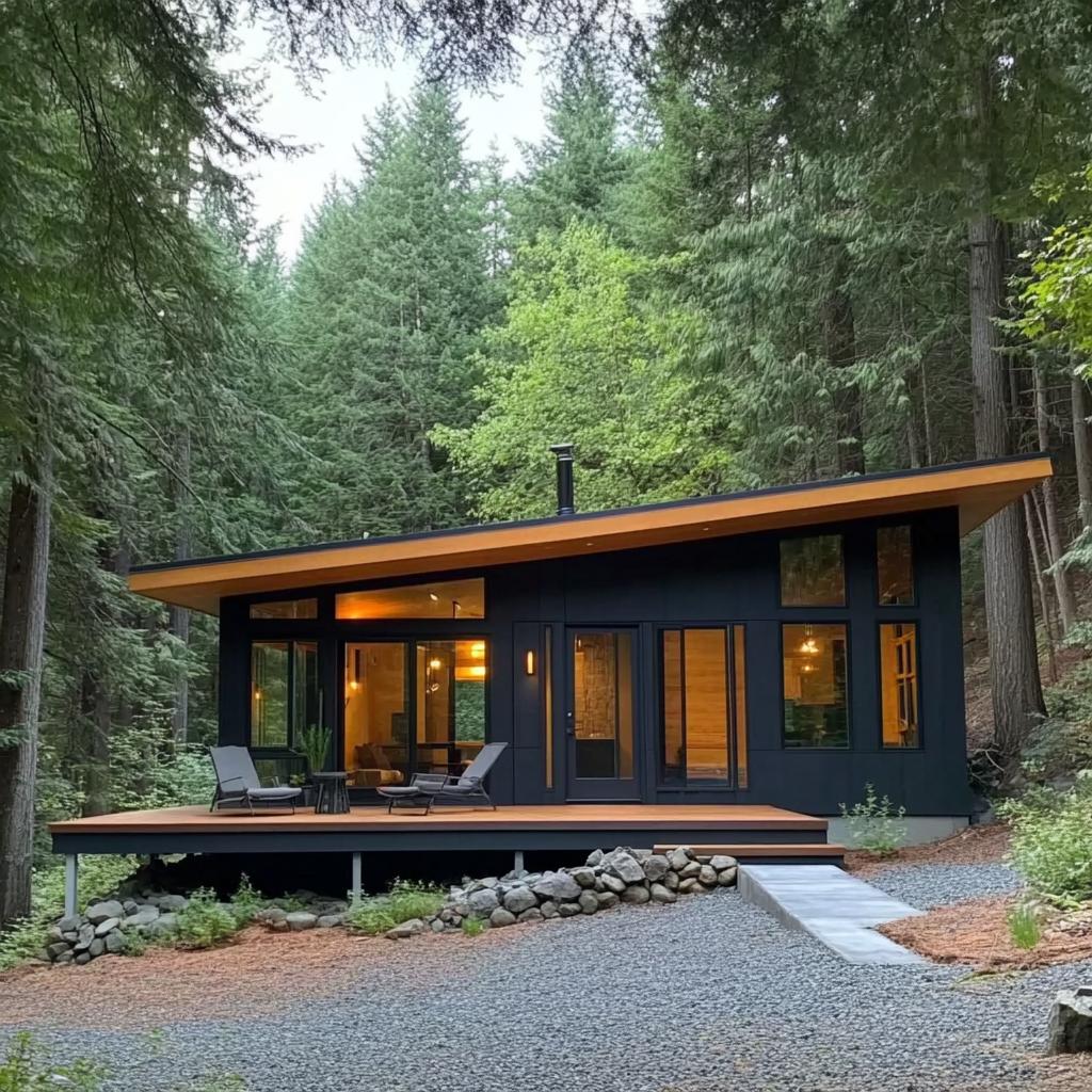 Modern cabin nestled in forest with large windows and sloped roof