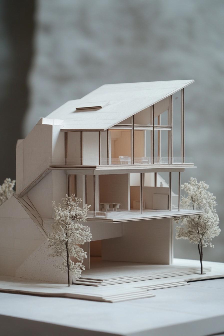 architecture model of a modern house with garden courtyard large balconies gabled roof grey background