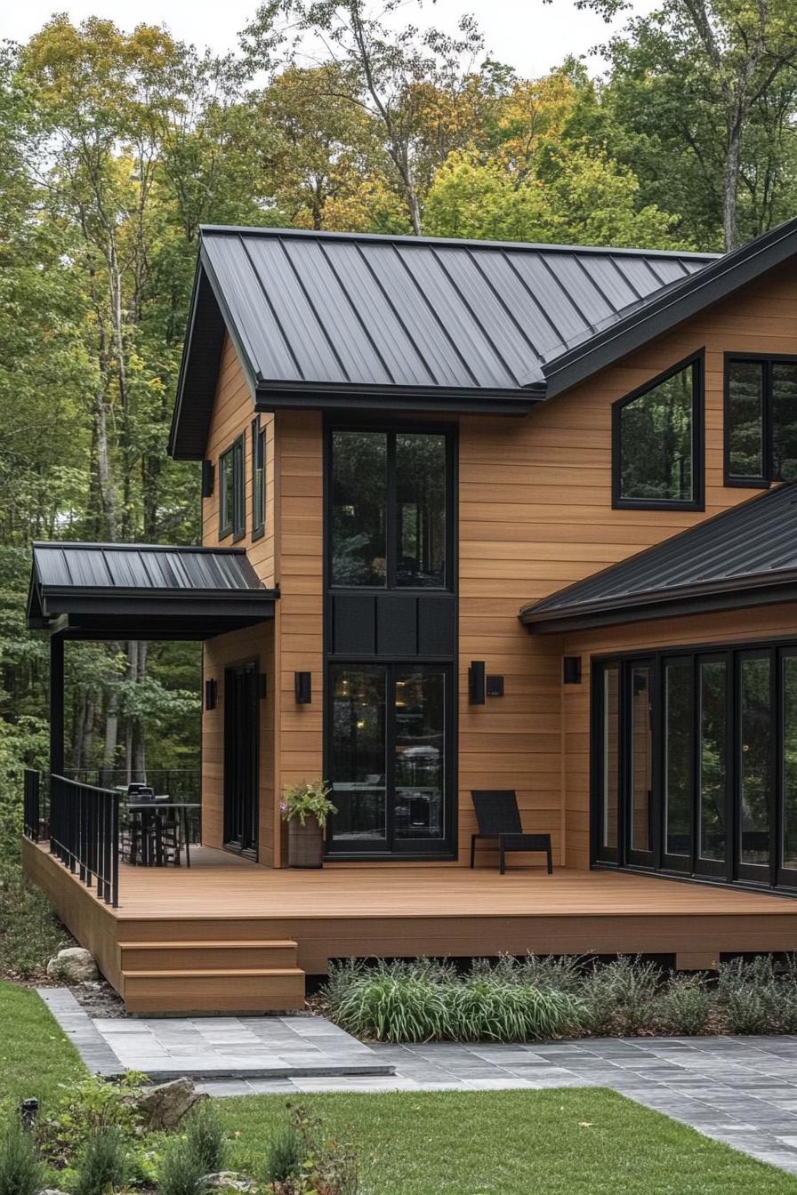 contemporary house exterior with natural wood siding black saltbox roof large modern windows in black trim raised deck with black metal railings 1