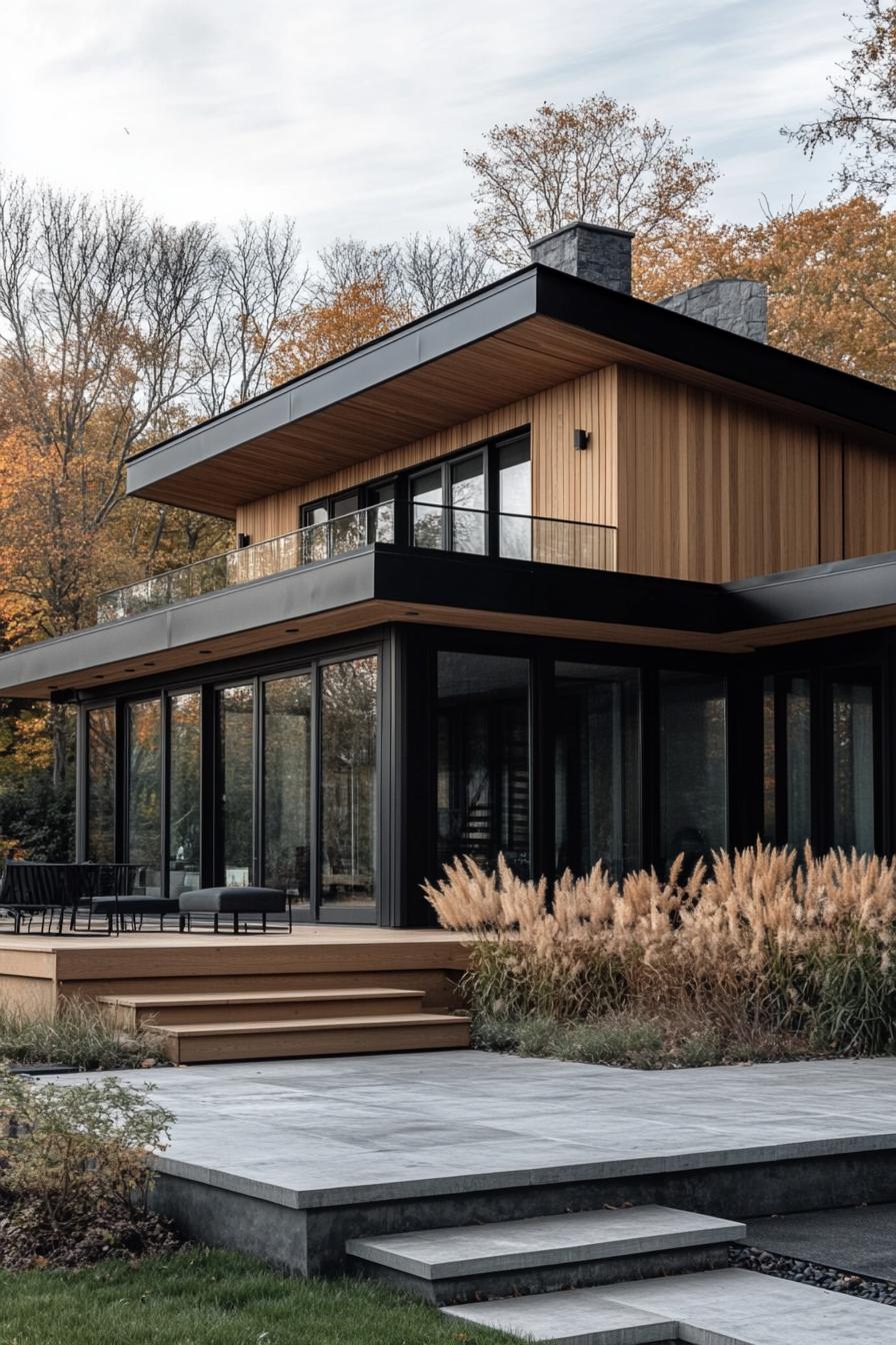 contemporary house exterior with natural wood siding black saltbox roof large modern windows in black trim raised deck with black metal railings 2