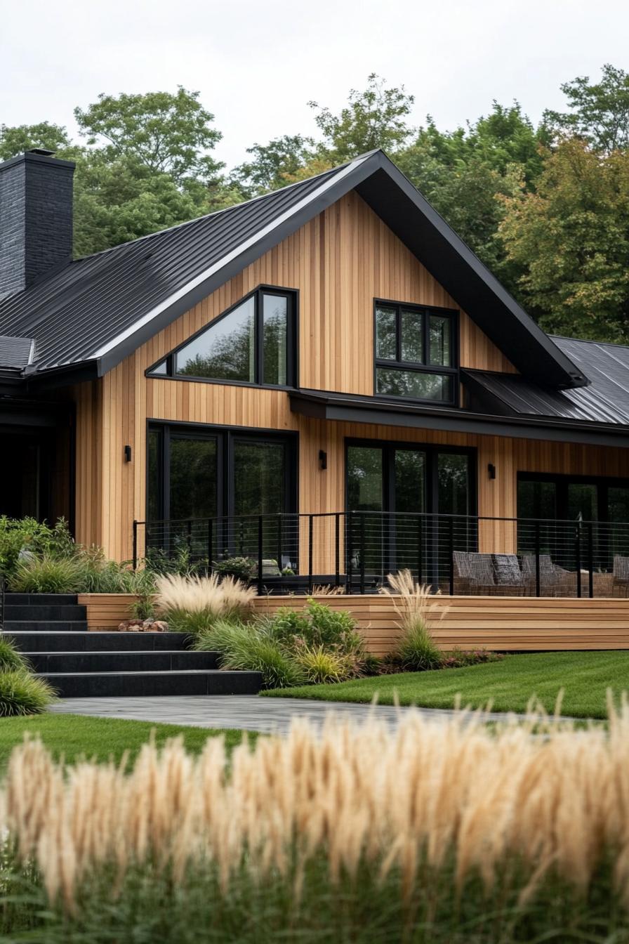 contemporary house exterior with natural wood siding black saltbox roof large modern windows in black trim raised deck with black metal railings