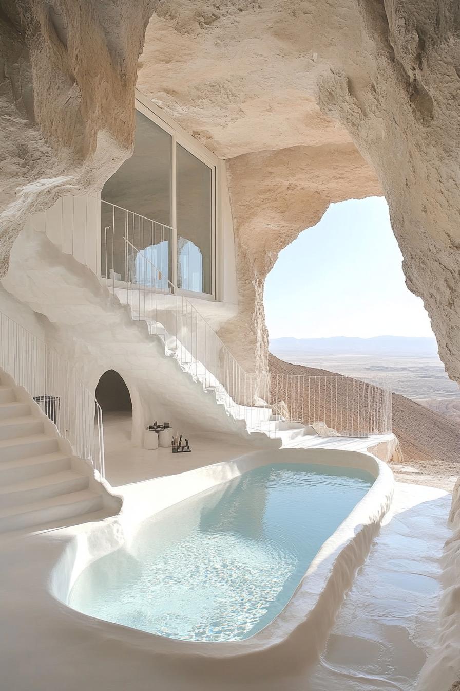 desert cave home with whitewashed walls center pool stairs with glass railings windows overlook desert and distant sea 1