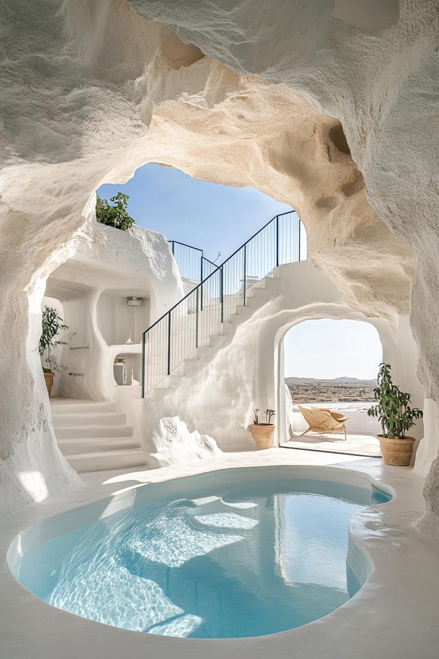 desert cave home with whitewashed walls center pool stairs with glass railings windows overlook desert and distant sea 2