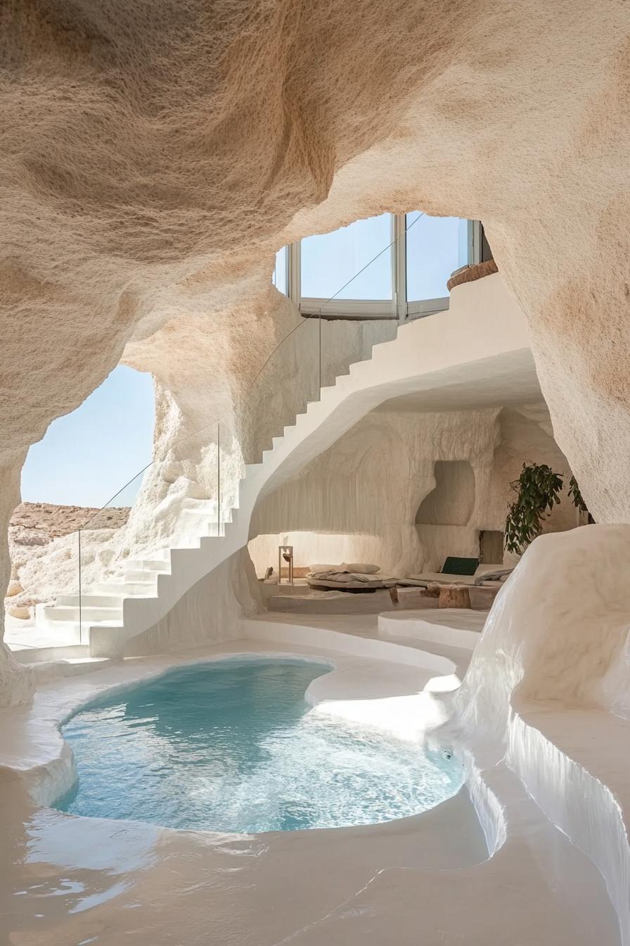 desert cave home with whitewashed walls center pool stairs with glass railings windows overlook desert and distant sea 3