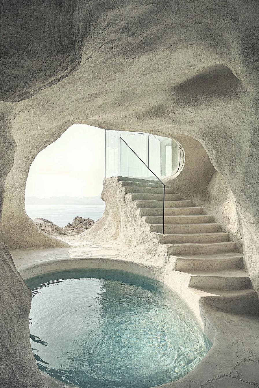 desert cave home with whitewashed walls center pool stairs with glass railings windows overlook desert and distant sea